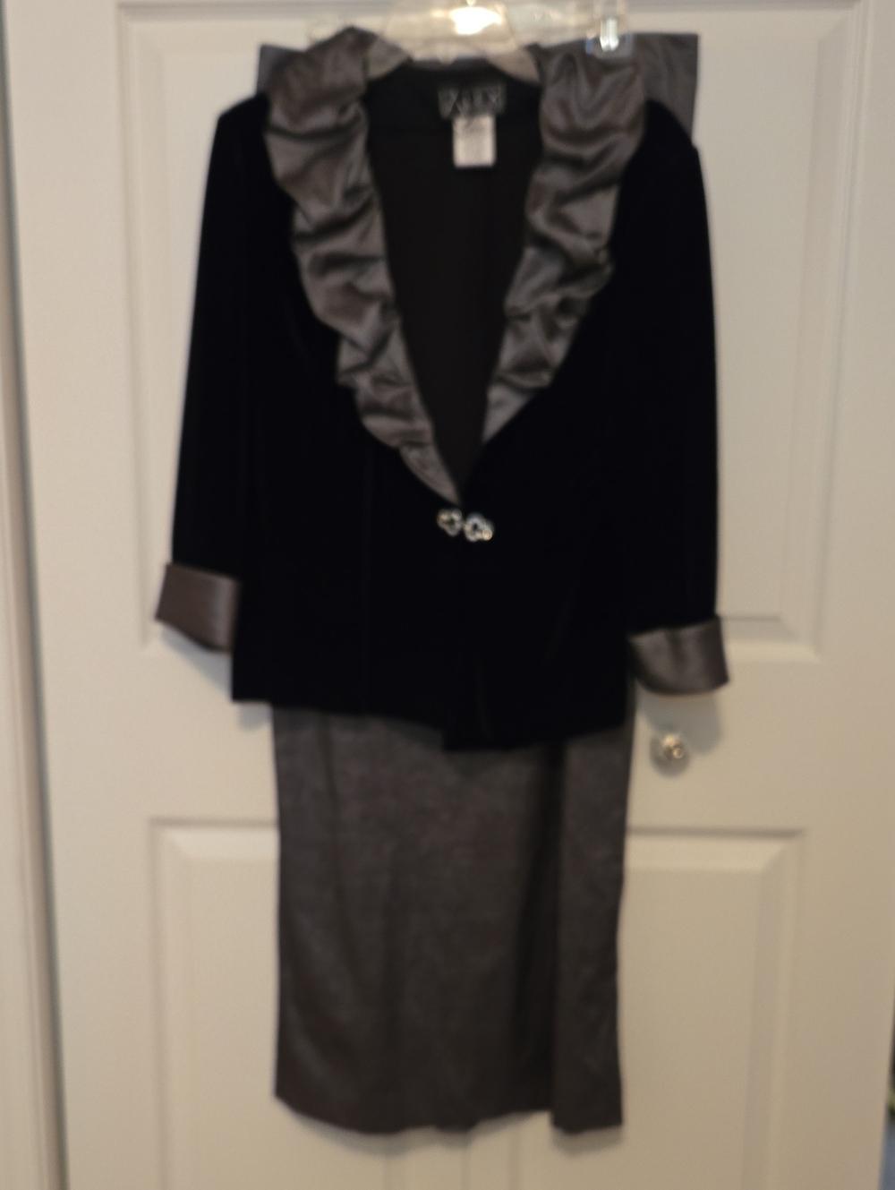 Alex Evenings Black Velveteen Jacket with Gray Satin Trim &  Skirt